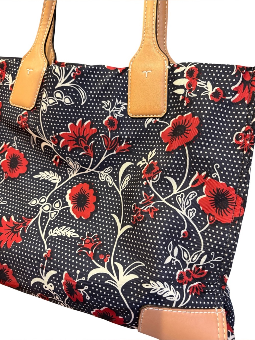 TORY BURCH Ella Tote Bag Purse Nylon Navy and Red Floral - Picture 7 of 13